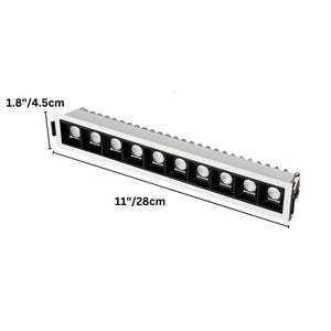Linear recessed downlight fixture with white trim and black baffle housing, measuring 11"x1.8".
