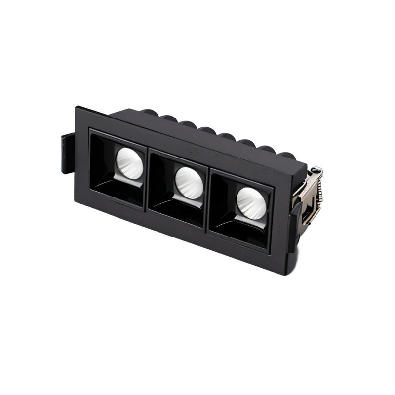 Black recessed downlight fixture with three adjustable LED spotlights on white background.