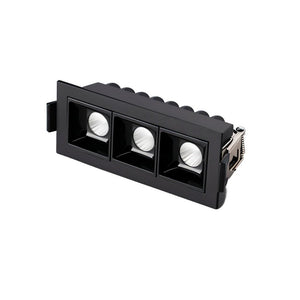 Black recessed downlight fixture with three adjustable LED spotlights on white background.