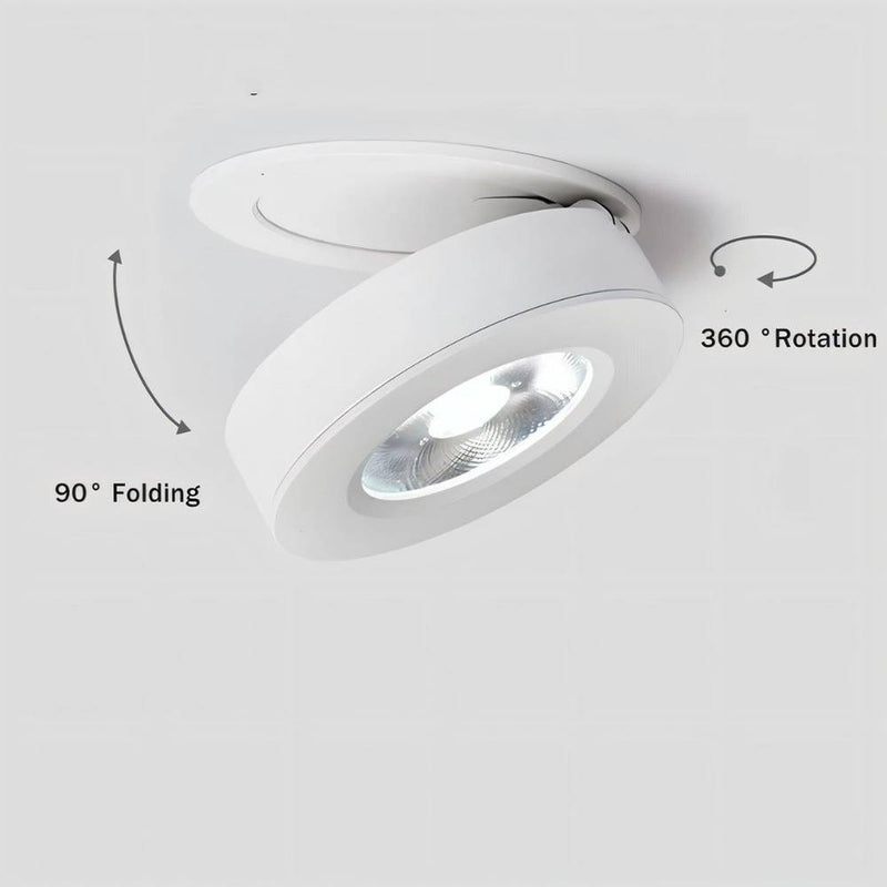 White recessed downlight with 90-degree folding and 360-degree rotation capabilities, shown against a neutral ceiling background.
