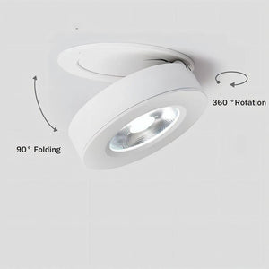 White recessed downlight with 90-degree folding and 360-degree rotation capabilities, shown against a neutral ceiling background.