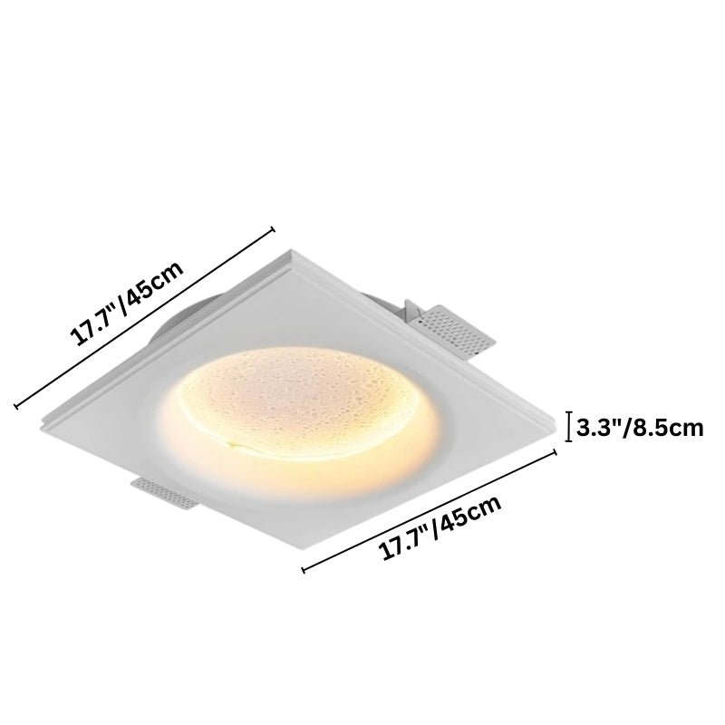 "A square white ceiling light with a recessed center, showing dimensions of 17.7 inches (45cm) in width and length, and 3.3 inches (8.5cm) in depth."
